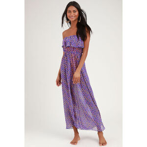 Lulus Layton Royal Blue Print Sheer Strapless Maxi Swim Cover-up - Size S